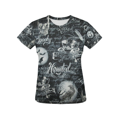 Black & White Haunted Halloween All Over Print T-Shirt for Women (USA Size) (Model T40)