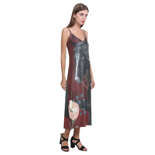 Black horse with flowers V-Neck Open Fork Long Dress(Model D18)