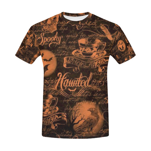Black & Orange Haunted Halloween All Over Print T-Shirt for Men (USA Size) (Model T40)