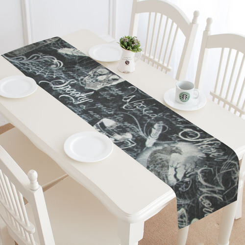 Black & White Haunted Halloween Table Runner 14x72 inch