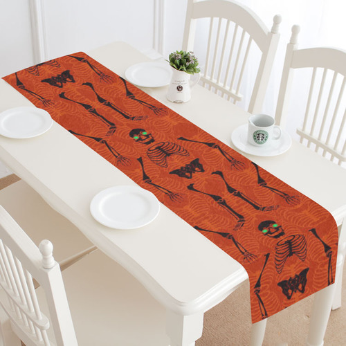 Black & Orange Skeletons Halloween Table Runner 14x72 inch