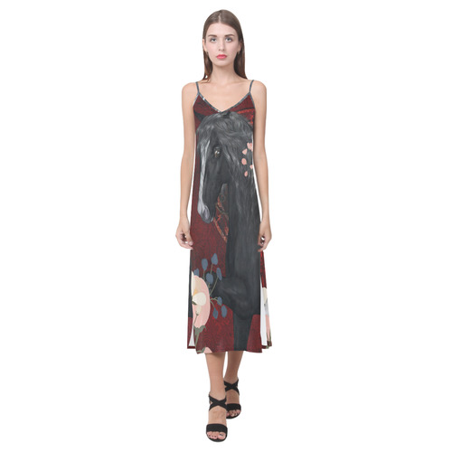 Black horse with flowers V-Neck Open Fork Long Dress(Model D18)