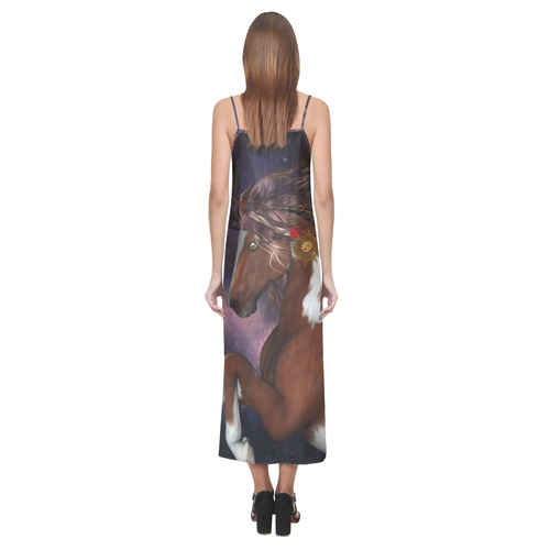 Awesome steampunk horse with clocks gears V-Neck Open Fork Long Dress(Model D18)