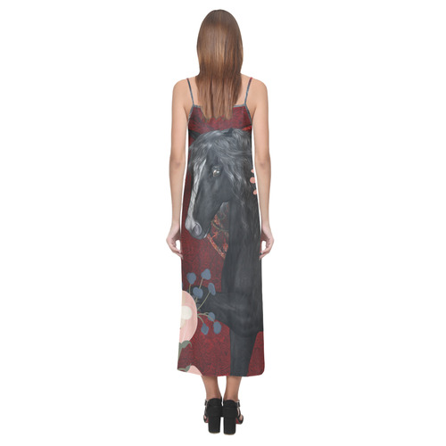 Black horse with flowers V-Neck Open Fork Long Dress(Model D18)