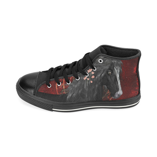 Black horse with flowers High Top Canvas Women's Shoes/Large Size (Model 017)