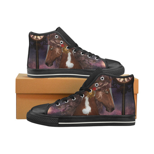 Awesome steampunk horse with clocks gears High Top Canvas Women's Shoes/Large Size (Model 017)
