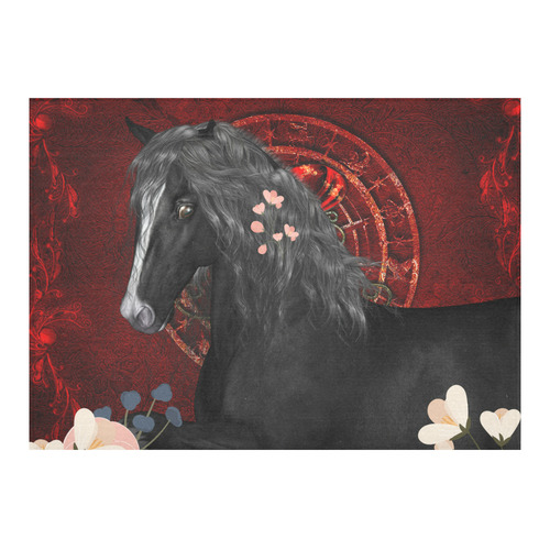 Black horse with flowers Cotton Linen Tablecloth 60"x 84"