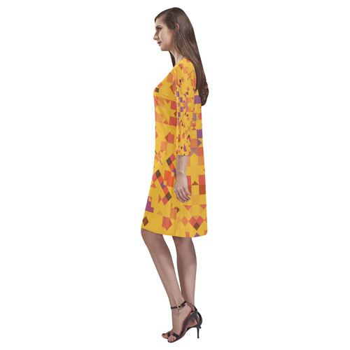 Autumn Yellow and Orange Geometric Mosaic Rhea Loose Round Neck Dress(Model D22)