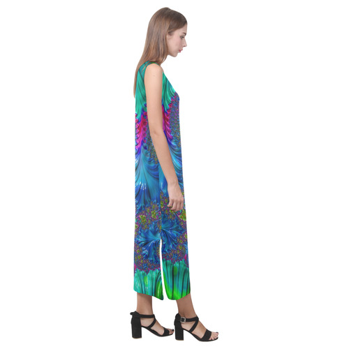Sea Fans and Rainbow Coral Fractal Abstract Phaedra Sleeveless Open Fork Long Dress (Model D08)