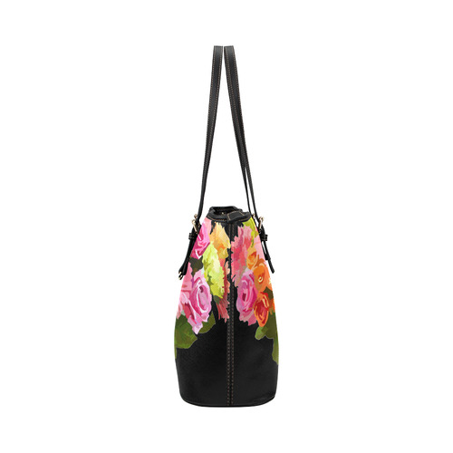 Pink Orange Green Roses Daisies Floral Leather Tote Bag/Large (Model 1651)