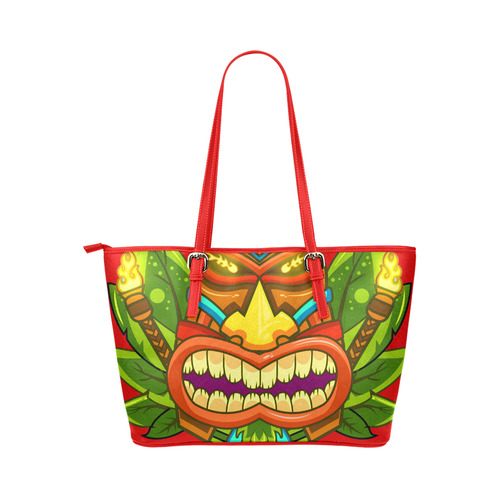 Hawaiian Tropical Tiki Mask Floral Leather Tote Bag/Large (Model 1651)