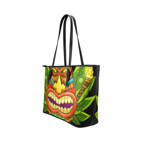 Hawaiian Tropical Tiki Mask Floral Leather Tote Bag/Small (Model 1651)