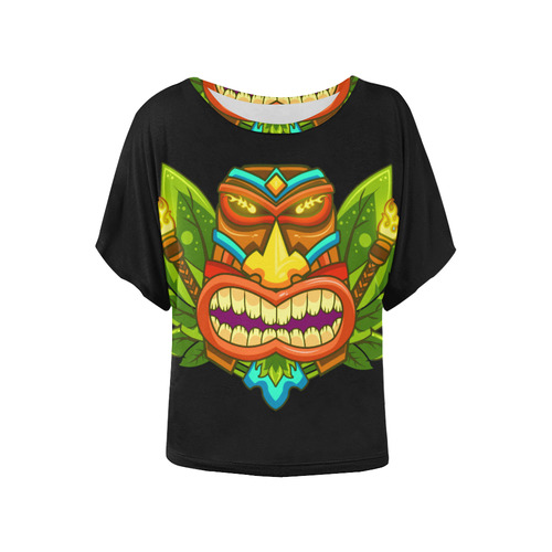 Hawaiian Tropical Tiki Mask Floral Women's Batwing-Sleeved Blouse T shirt (Model T44)