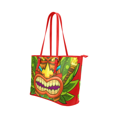 Hawaiian Tropical Tiki Mask Floral Leather Tote Bag/Large (Model 1651)