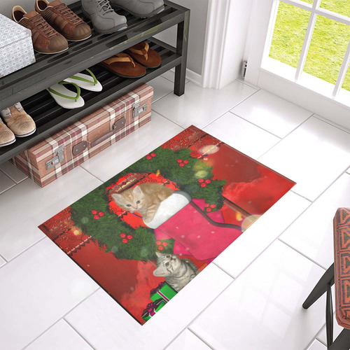 Christmas, funny kitten with gifts Azalea Doormat 24" x 16" (Sponge Material)