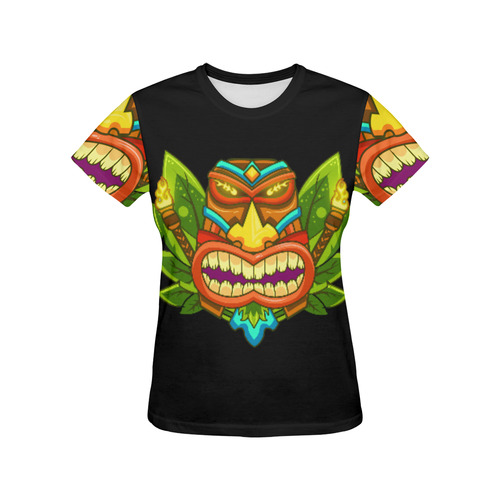 Hawaiian Tropical Tiki Mask Floral All Over Print T-Shirt for Women (USA Size) (Model T40)