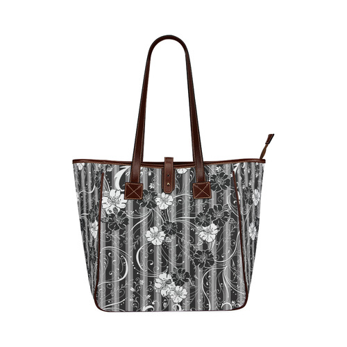 Handbag Black White Flower Stripe Classic Tote Bag (Model 1644)