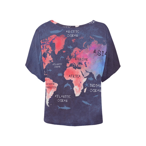 world map Women's Batwing-Sleeved Blouse T shirt (Model T44)