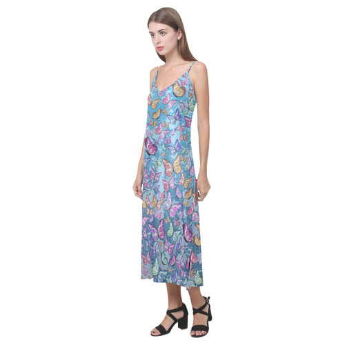 Long Dress Colorful Butterfly Print Juleez V-Neck Open Fork Long Dress(Model D18)