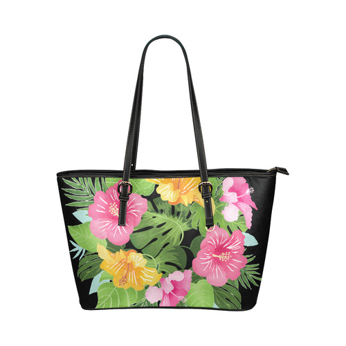 Aloha Tropical Floral Hawaiian Flowers Leather Tote Bag/Large (Model 1651)