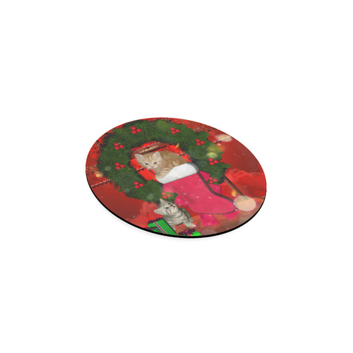 Christmas, funny kitten with gifts Round Coaster