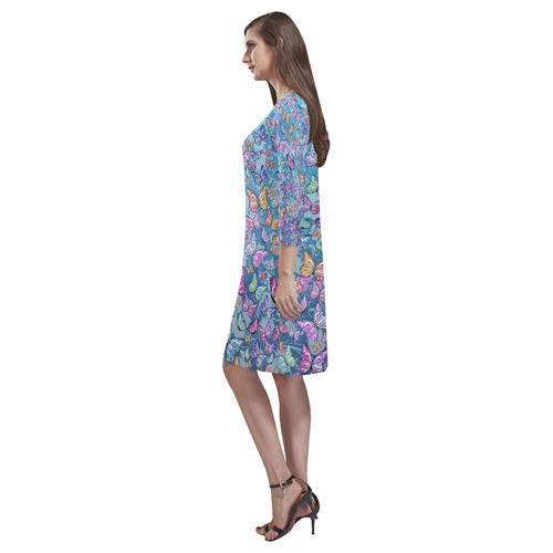 Fall Dress Teal Blue Butterfly Print Juleez Rhea Loose Round Neck Dress(Model D22)