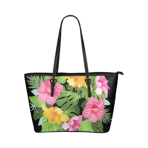 Aloha Tropical Floral Hawaiian Flowers Leather Tote Bag/Small (Model 1651)