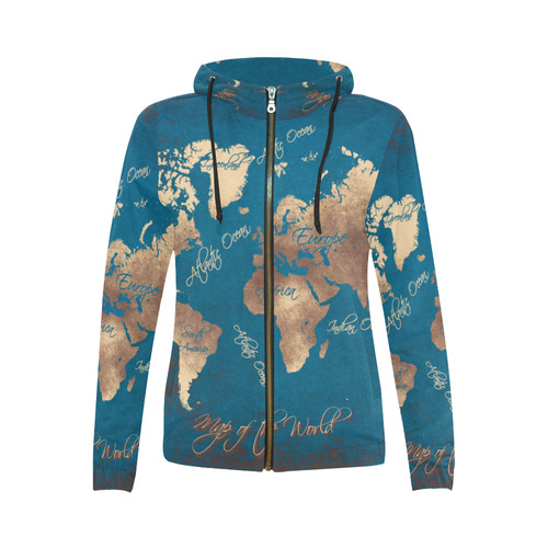 world map All Over Print Full Zip Hoodie for Women (Model H14)