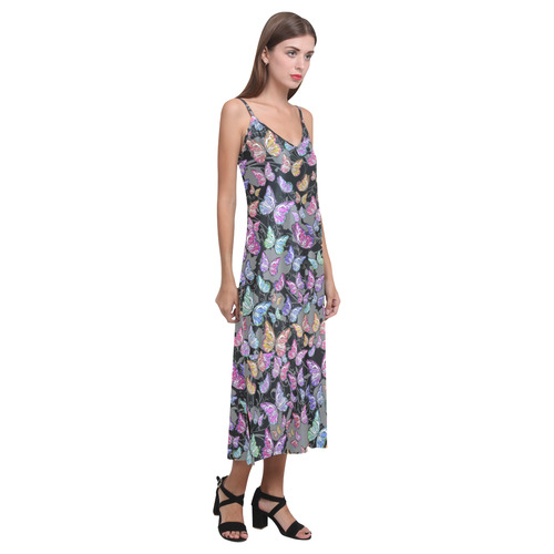 Black Dress Colorful Butterfly Print Juleez V-Neck Open Fork Long Dress(Model D18)