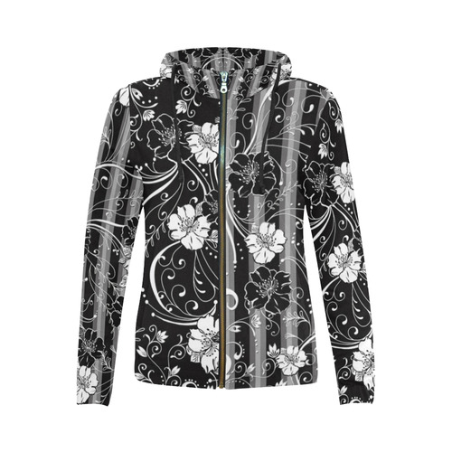 Zip Hoodie Black White Flower Stripe All Over Print Full Zip Hoodie for Women (Model H14)