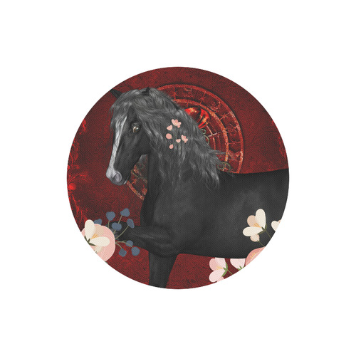 Black horse with flowers Round Mousepad
