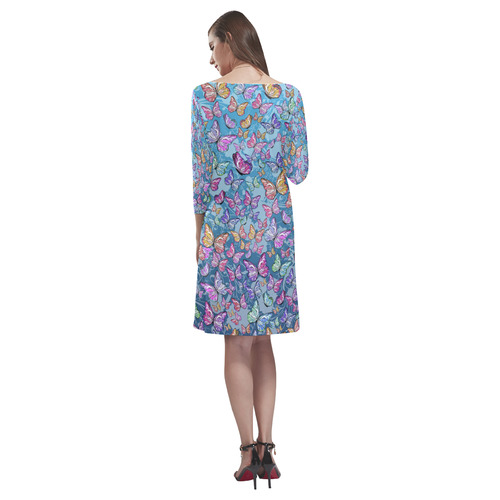 Fall Dress Teal Blue Butterfly Print Juleez Rhea Loose Round Neck Dress(Model D22)