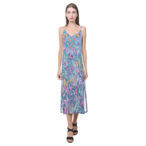 Long Dress Colorful Butterfly Print Juleez V-Neck Open Fork Long Dress(Model D18)