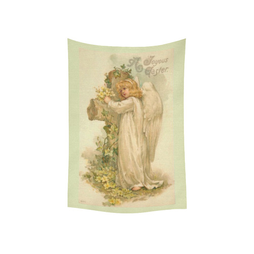 Joyous Easter Angel Vintage Floral Cross Cotton Linen Wall Tapestry 40"x 60"