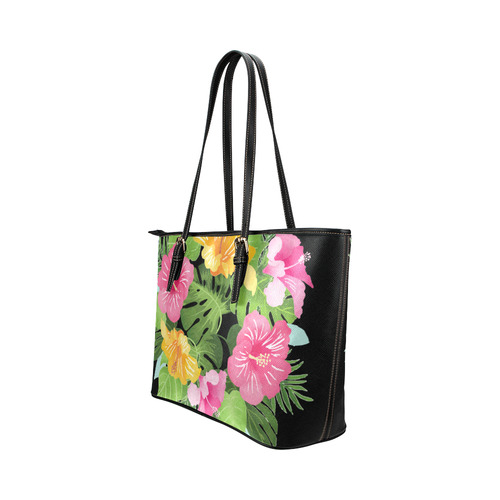 Aloha Tropical Floral Hawaiian Flowers Leather Tote Bag/Small (Model 1651)