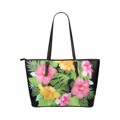 Aloha Tropical Floral Hawaiian Flowers Leather Tote Bag/Small (Model 1651)