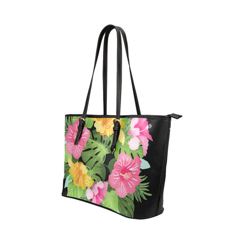 Aloha Tropical Floral Hawaiian Flowers Leather Tote Bag/Small (Model 1651)