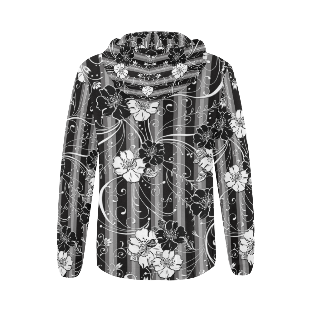 Zip Hoodie Black White Flower Stripe All Over Print Full Zip Hoodie for Women (Model H14) ID
