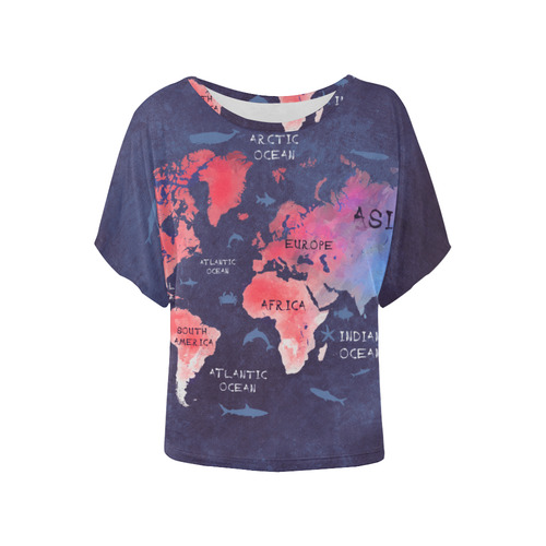 world map Women's Batwing-Sleeved Blouse T shirt (Model T44)