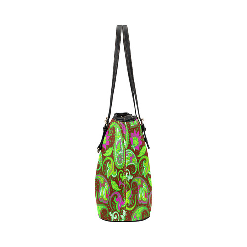 Pink Green Cute Floral Paisley Pattern Leather Tote Bag/Large (Model 1651)