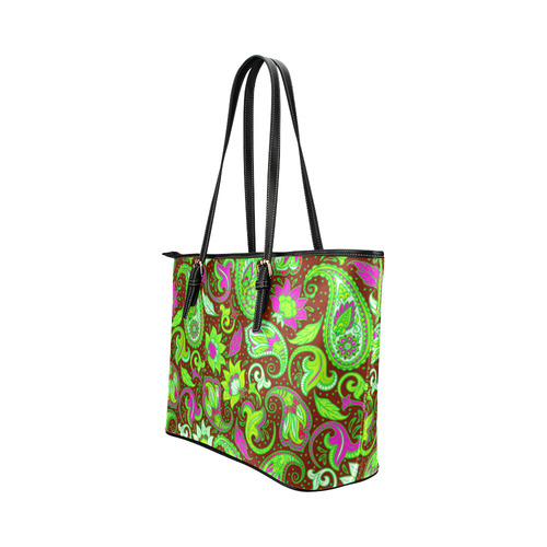 Pink Green Cute Floral Paisley Pattern Leather Tote Bag/Large (Model 1651)