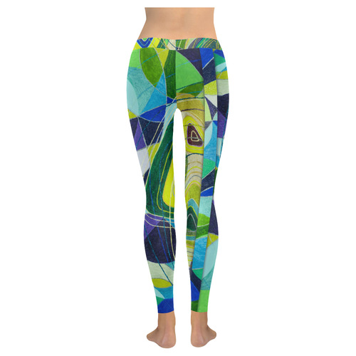 Abstract Geometric Fabric Painting Blue Green Women's Low Rise Leggings (Invisible Stitch) (Model L05)