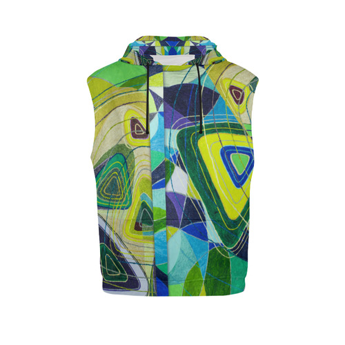 Abstract Geometric Fabric Painting Blue Green All Over Print Sleeveless Hoodie for Women (Model H15)