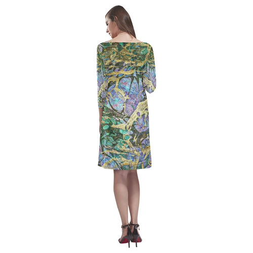 Abstract Green Watercolor Brush Painting with Gold Rhea Loose Round Neck Dress(Model D22)