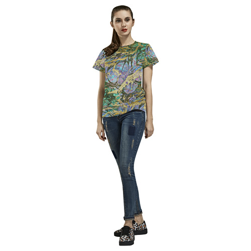 Abstract Green Watercolor Brush Painting with Gold All Over Print T-Shirt for Women (USA Size) (Model T40)
