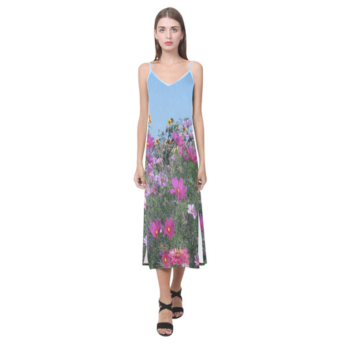 Summer Flowers V-Neck Open Fork Long Dress(Model D18)