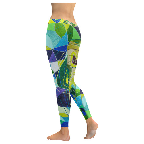 Abstract Geometric Fabric Painting Blue Green Women's Low Rise Leggings (Invisible Stitch) (Model L05)