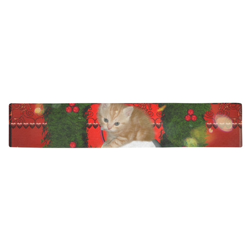 Christmas, funny kitten with gifts Table Runner 14x72 inch