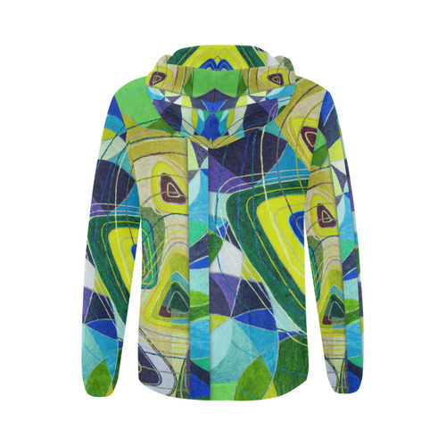 Abstract Geometric Fabric Painting Blue Green All Over Print Full Zip Hoodie for Women (Model H14)