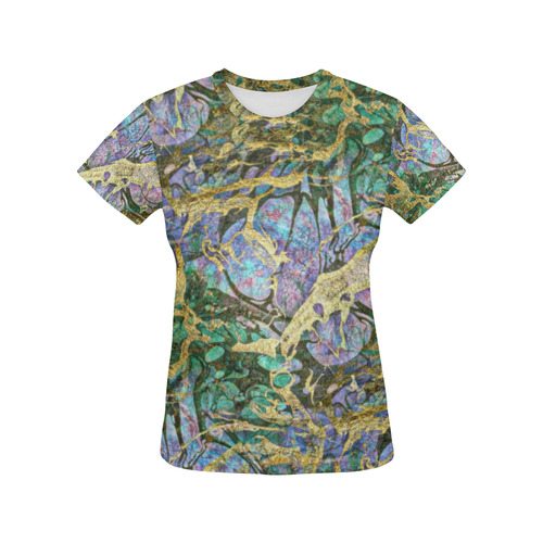 Abstract Green Watercolor Brush Painting with Gold All Over Print T-Shirt for Women (USA Size) (Model T40)